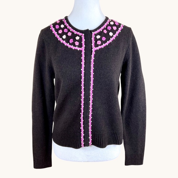 Brown Cardigan Sweater Wool Pink Rose Appliques Beaded (M) - Picture 2 of 8